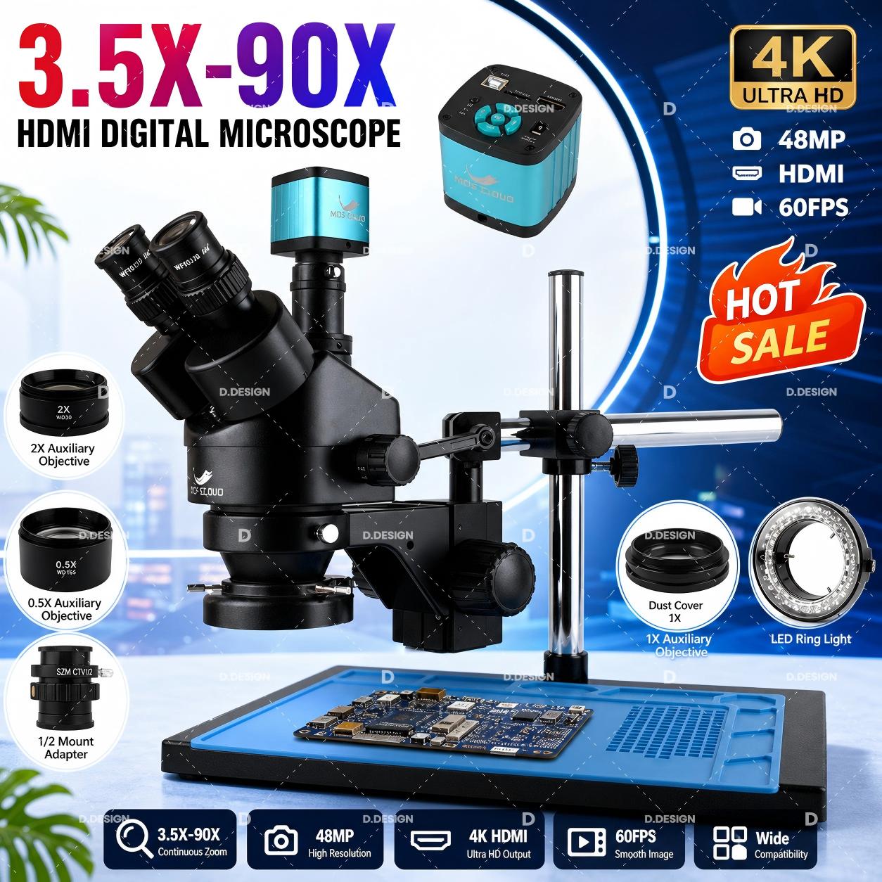 Simul-Focal Industrial Microscope 4K Hdmi - مجهر ستيريو ثلاثي العدسات قابل للتعديل
