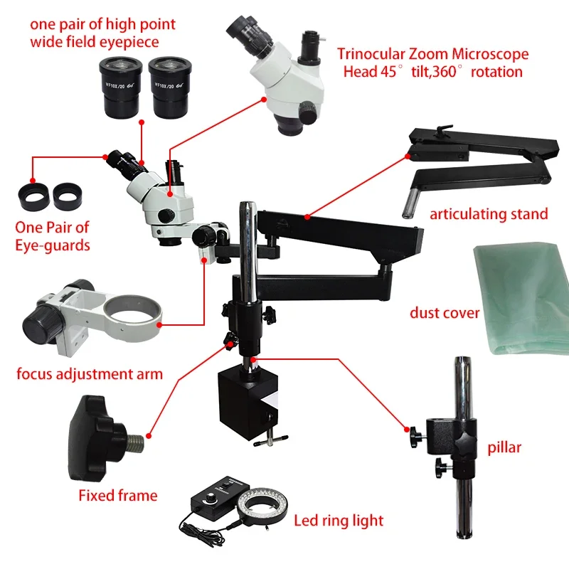 مجهر ستيريو ثلاثي العدسات بذرا - مراجعة Articulating Arm Boom Stand Microscope وسعره