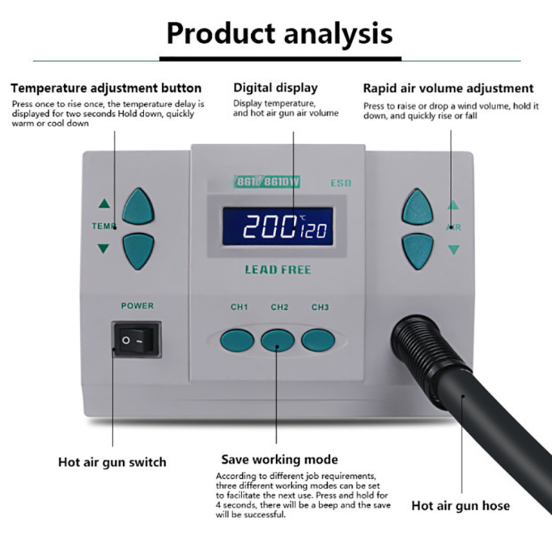 1000W220/110 فولت 861DW HeatGu - مراجعة Hot Air Rework Station 861Dw وسعره